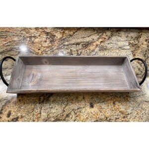 New Wooden Tray Candle Holder with Black Metal Handles, Rectangular Centerpiece